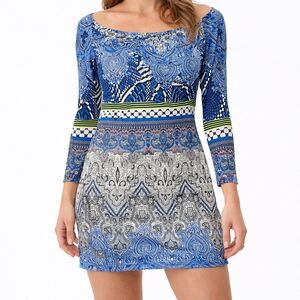 Nicole Benisti ($240) Blue Paisley Print Bodycon Dress Long Sleeve Stretch